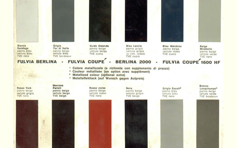 i colori della carrozzeria della Fulvia Coupé 1,3 S riportati sulla brochure Lancia di Aprile 1971