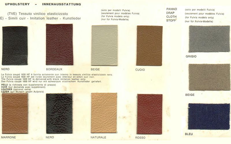 i colori della carrozzeria della Fulvia Coupé 1,3 S riportati sulla brochure di Aprile 1971