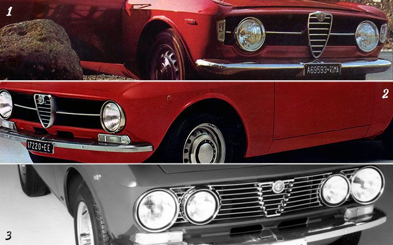 la calandara: in alto un esemplare di Alfa Romeo GT Junior scalino, al centro una seconda serie, in basso una gt junior unificata