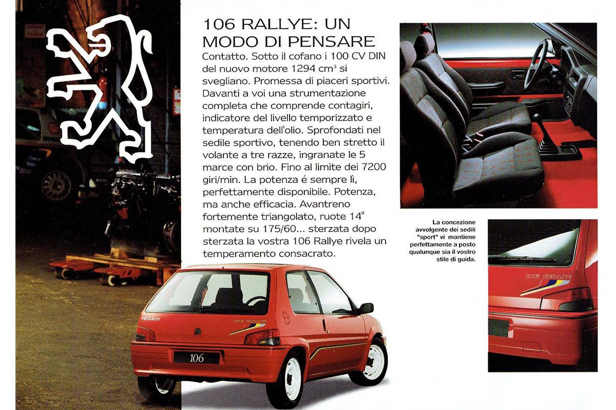Peugeot 106 Rallye 1.3 Estratto brochure con immagini degli interni