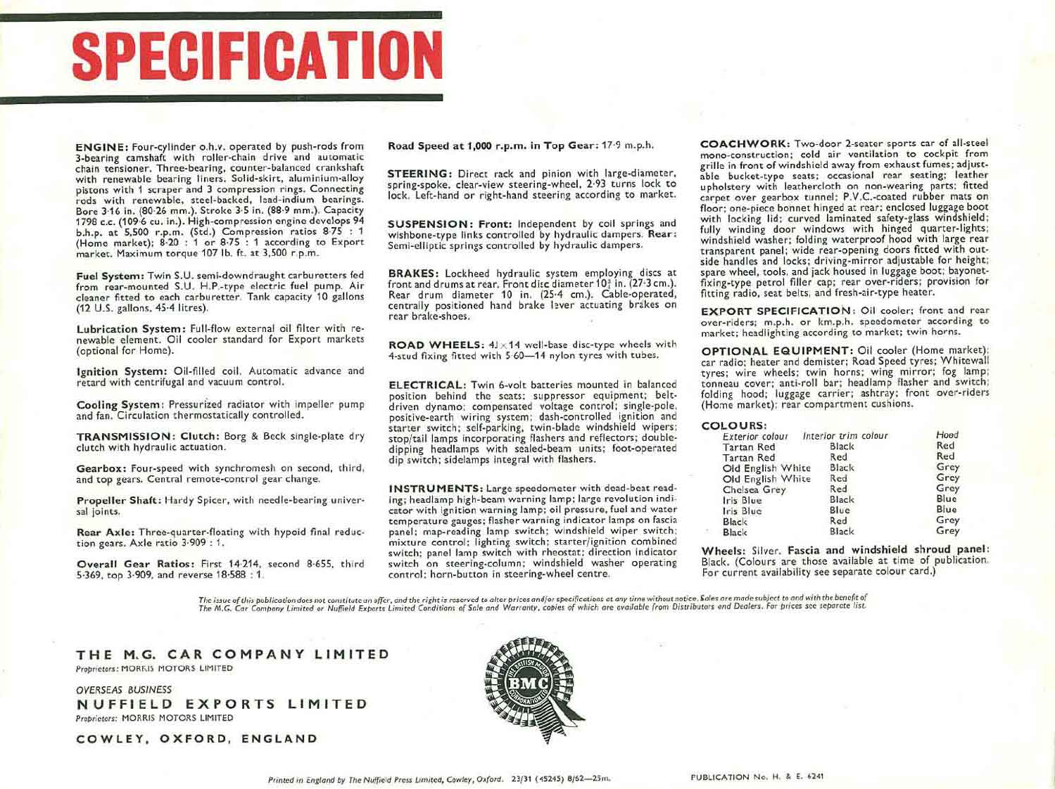 MGB del 1962 - Brochure scheda tecnica