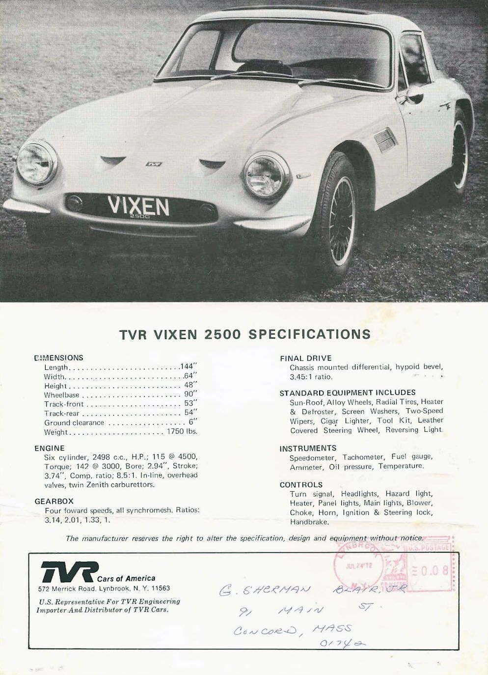Brochure TVR Vixen 2500 V6 (1971)