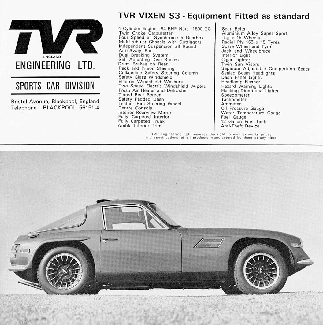 Estratto Brochure TVR Vixen S3 con scheda tecnica
