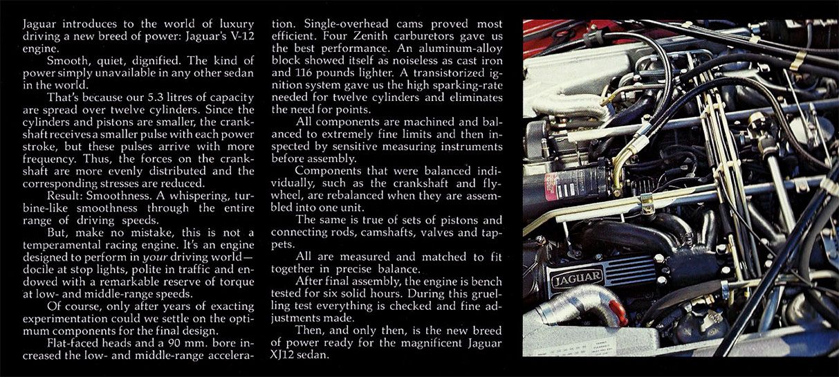 Materiale commerciale Jaguar, estratto brochure con descrizione motore della Jaguar XJ V12