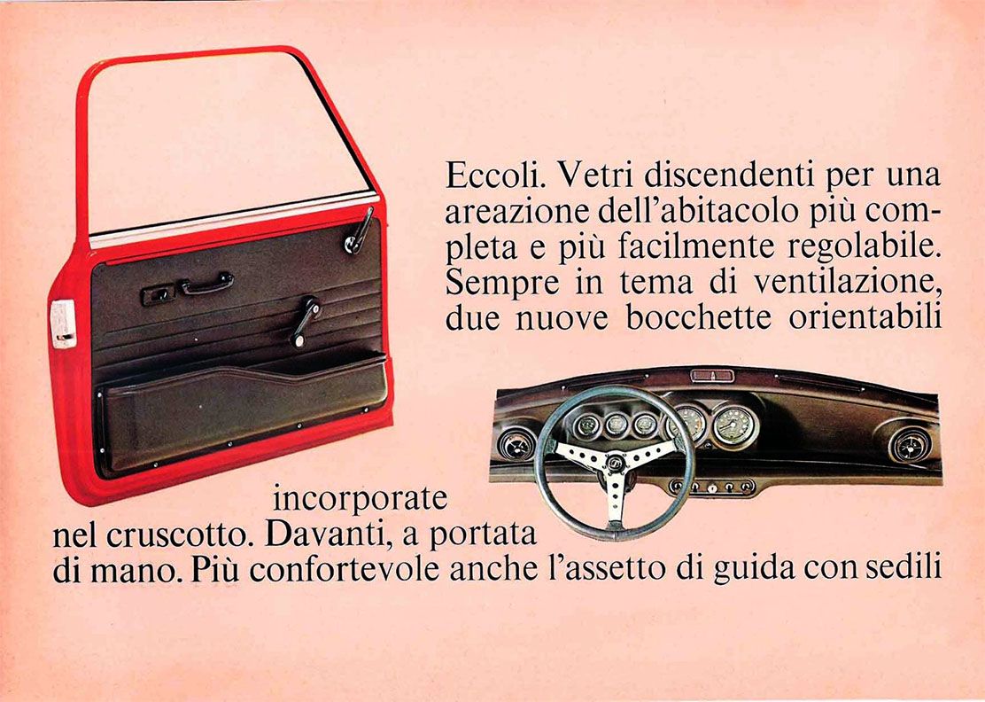 Estratto brochure del 1970 che ritrae il quadro strumenti e le portiere della Innocenti Mini Cooper MK3