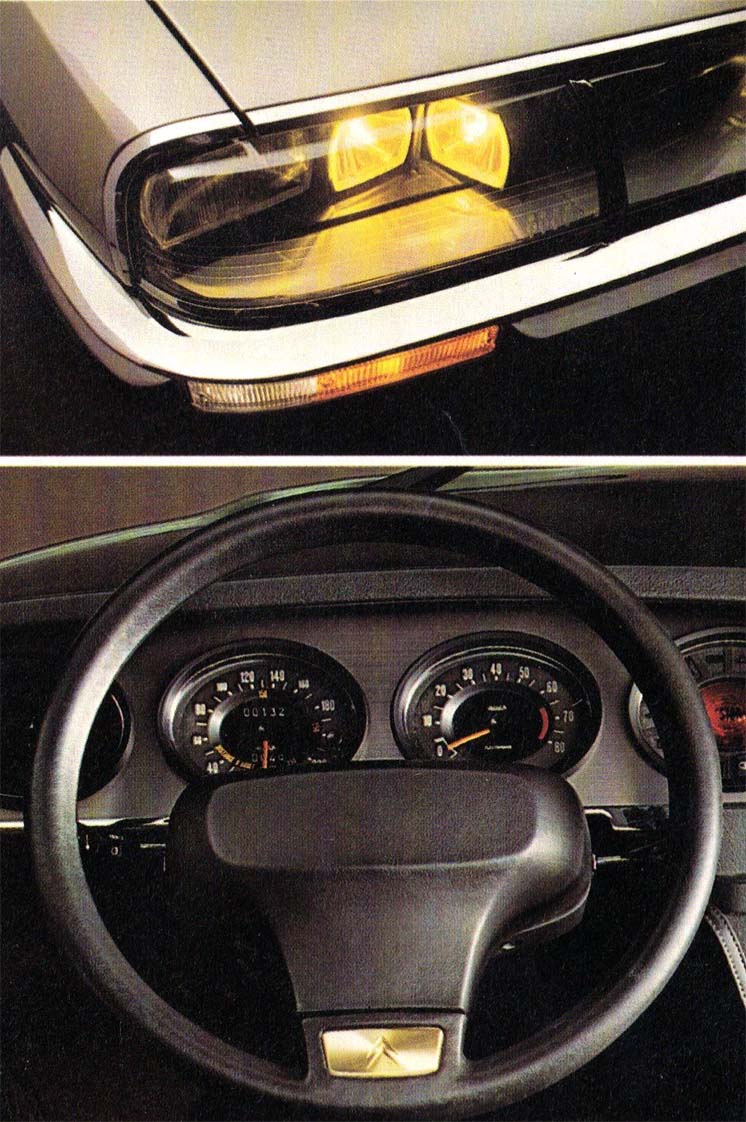 alcuni dettagli, il volante e il cruscotto della Citroën SM, in alto i fanali orientabili