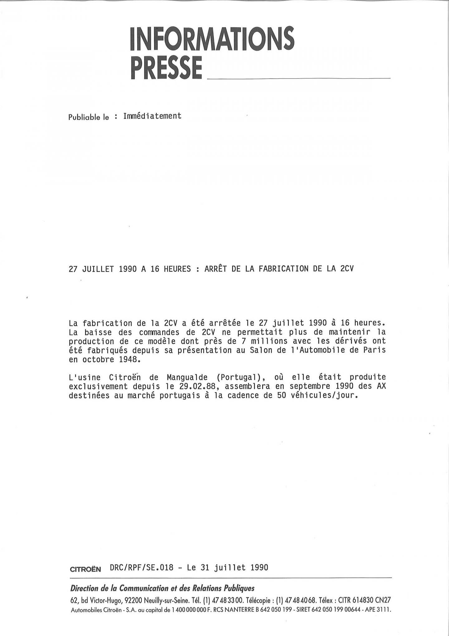 documento ufficiale che attesta il termine della produzione della Citroën 2CV