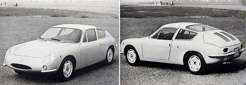 anteriore e posteriore di una Simca Abarth 1300 GT in versione stradale. Foto d'epoca